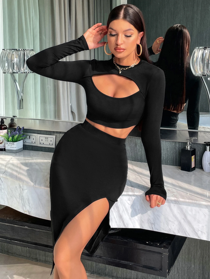 Cut-Out Crop Top & High-Waist Split Thigh Skirt Set