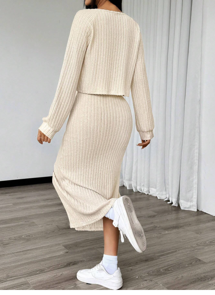 Chiquesse Solid Bodycon Dress & Front Open Cardigan Set