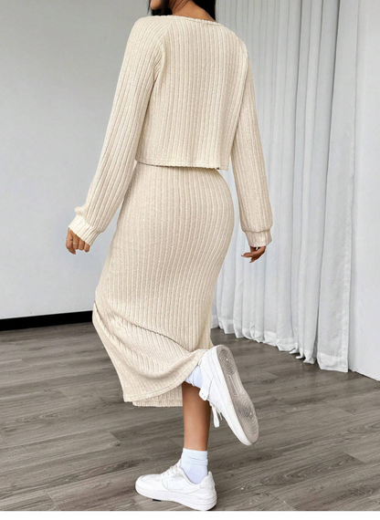Chiquesse Solid Bodycon Dress & Front Open Cardigan Set