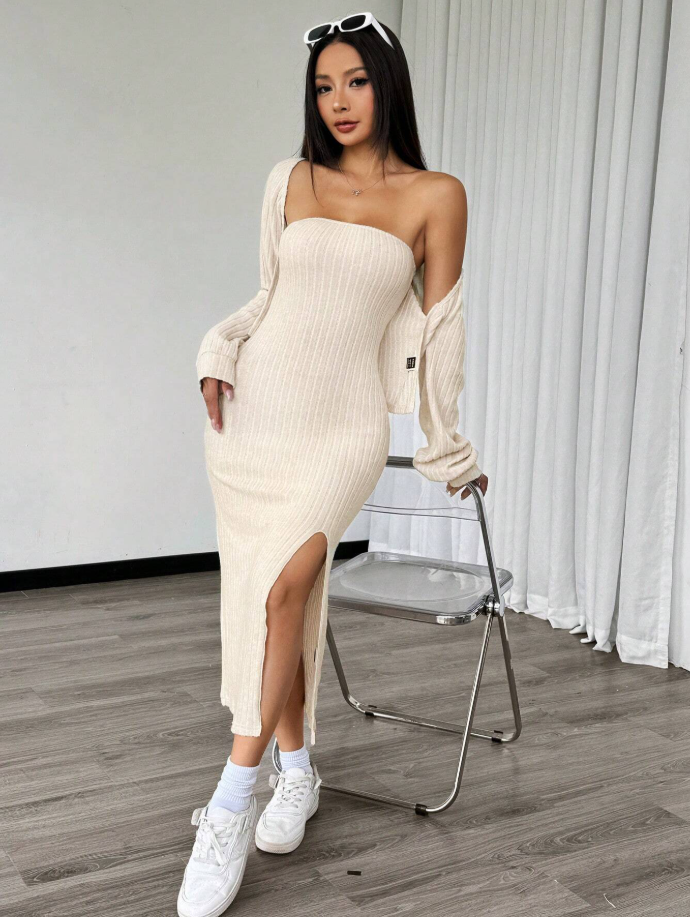 Chiquesse Solid Bodycon Dress & Front Open Cardigan Set