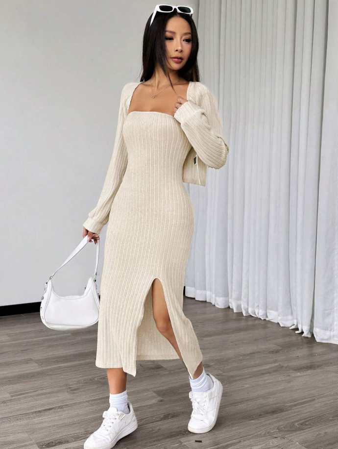 Chiquesse Solid Bodycon Dress & Front Open Cardigan Set