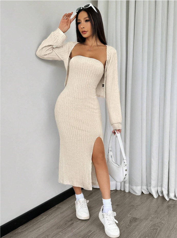 Chiquesse Solid Bodycon Dress & Front Open Cardigan Set