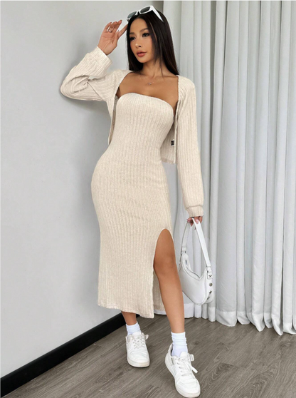 Chiquesse Solid Bodycon Dress & Front Open Cardigan Set